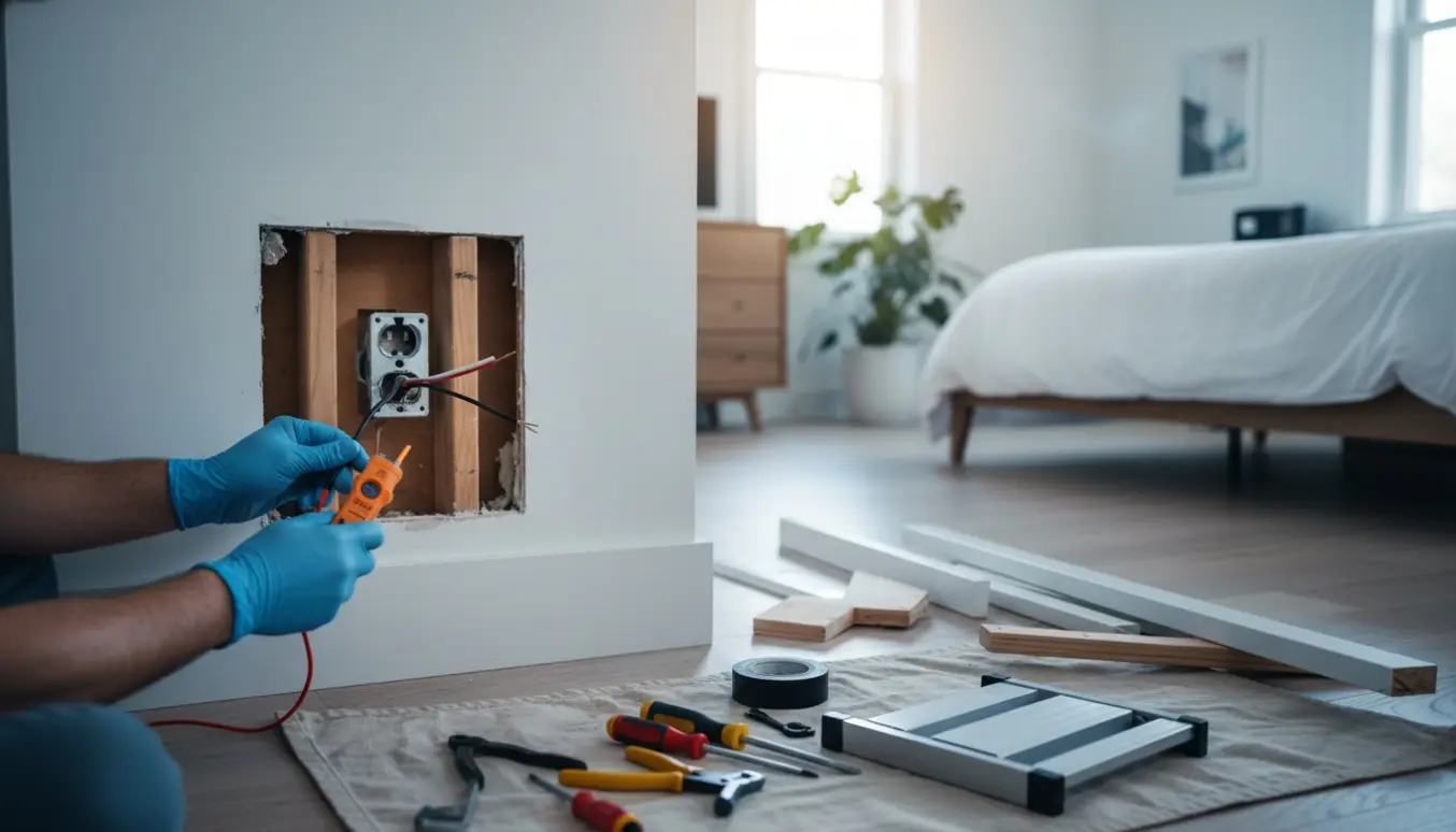 Håndværker i handsker tester blottede ledninger i væggen efter et fjernet indbygget skab.