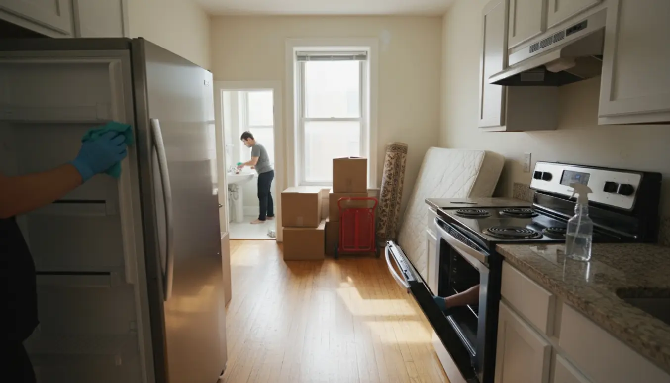 Lys, realistisk scene af flytterengøring i en lille lejlighed med åbne skabe, rengøringshandsker og pakkede flyttekasser.