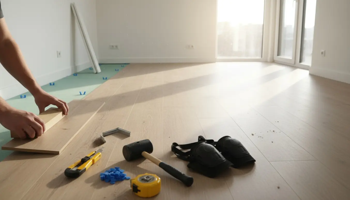Næsten færdigt klikgulv i et lyst rum, hvor håndværkerens hænder tilpasser den sidste planke med værktøj ved siden af.