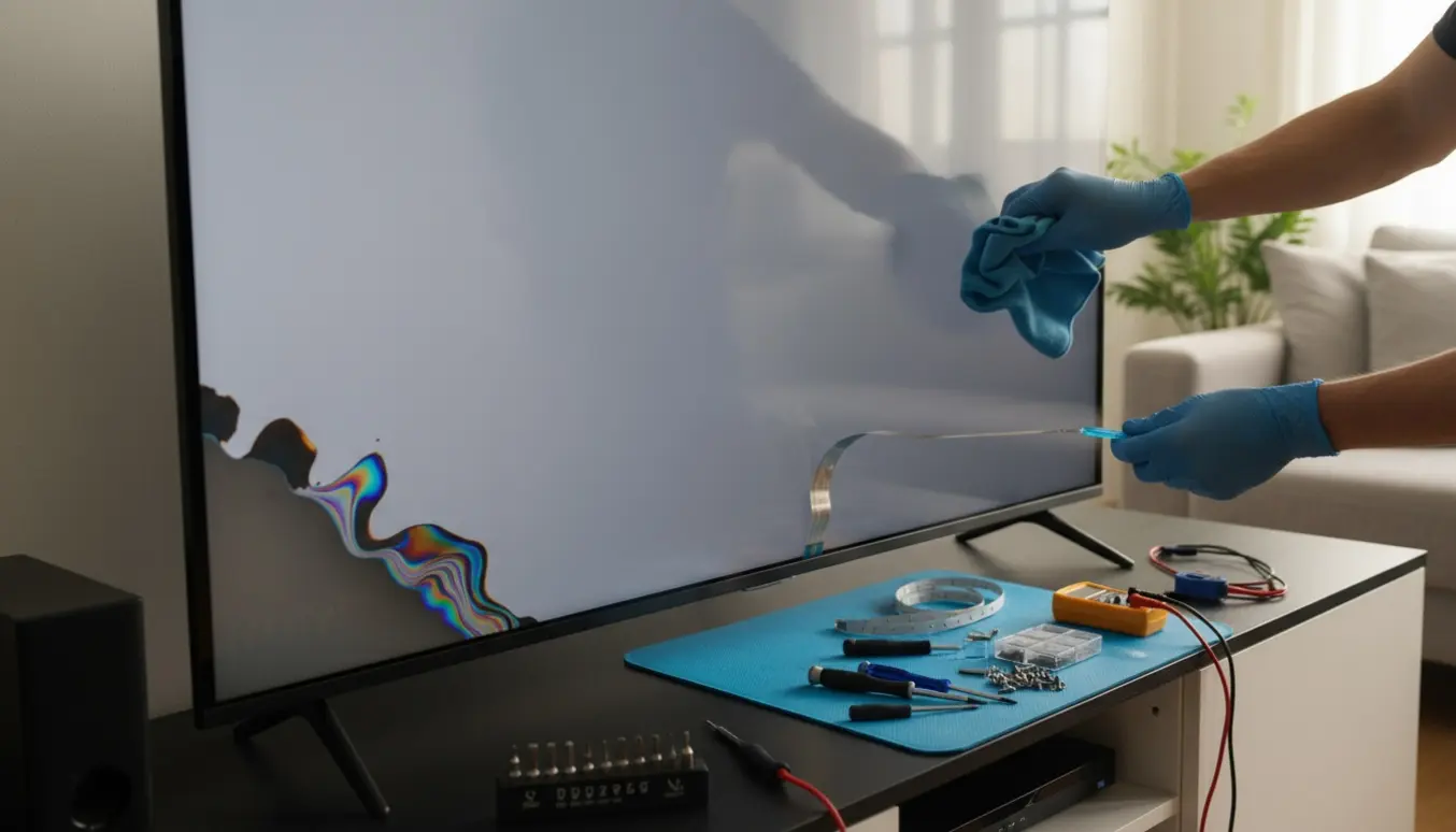 Nærbillede af reparation af 65-tommer QLED-tv med mørkepletter og misfarvning i hjørnet.