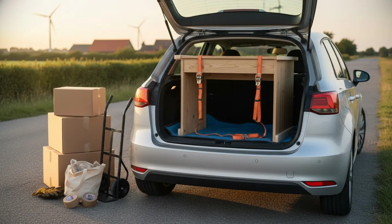 Et lille træskrivebord lægges i bagagerummet af en hatchback med bagsæderne lagt ned, pakket med tæpper og fastgjort med stropper.