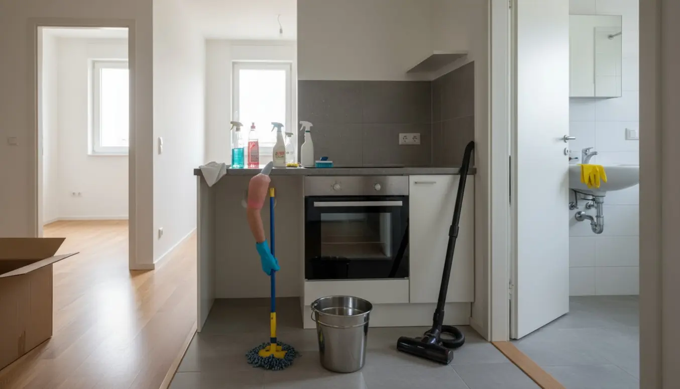 Sollyst tom lejlighed under flytterengøring med moppe, spand og rengøringsmidler i forgrunden.