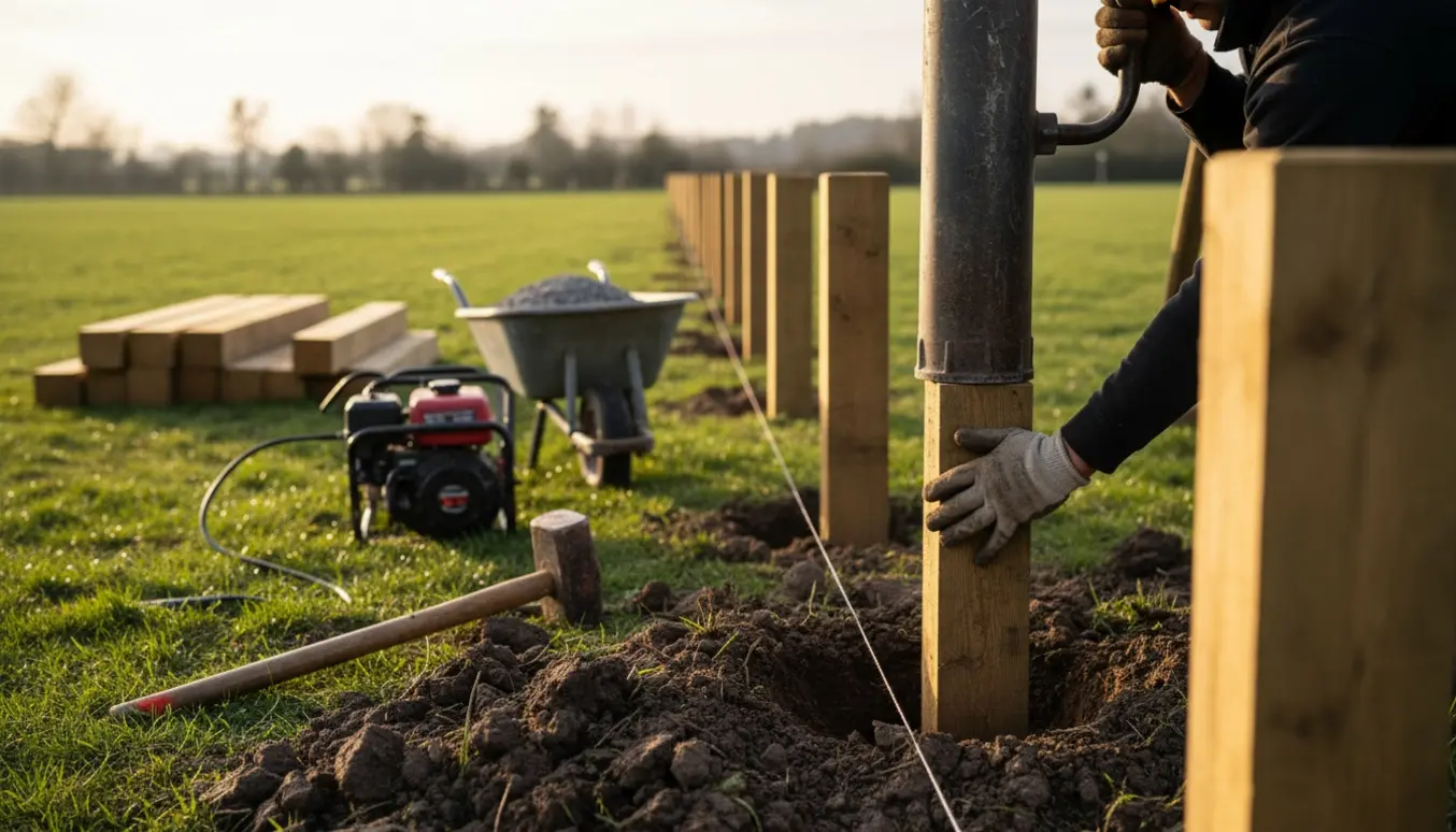 En række firkantede træhegnsstolper bliver nedbanket langs en grund, med værktøj og en arbejder set bagfra.