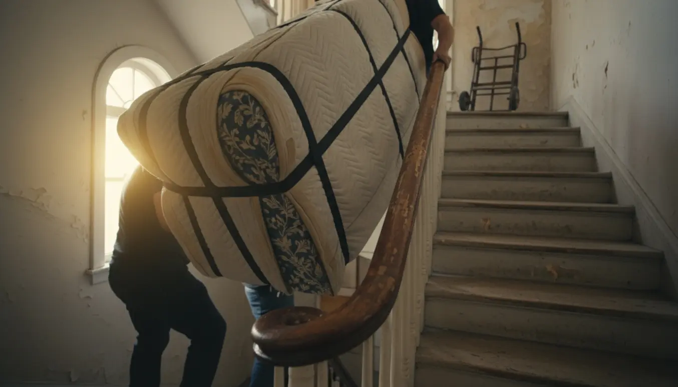 To personer bærer en indpakket sofa op ad en smal trappe i en ældre ejendom uden elevator.