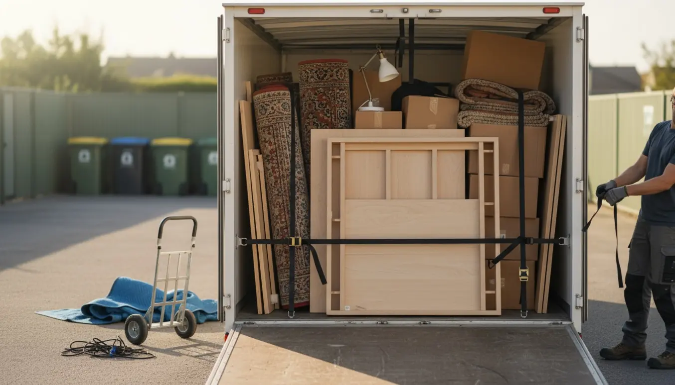 Åben varebil fyldt med afmonterede hylder, rullede gulvtæpper og løst storskrald klar til aflevering på genbrugspladsen.