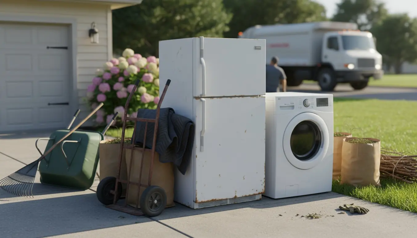 Køleskab og vaskemaskine på indkørsel klar til genbrug, omgivet af poser og bundter med haveaffald.