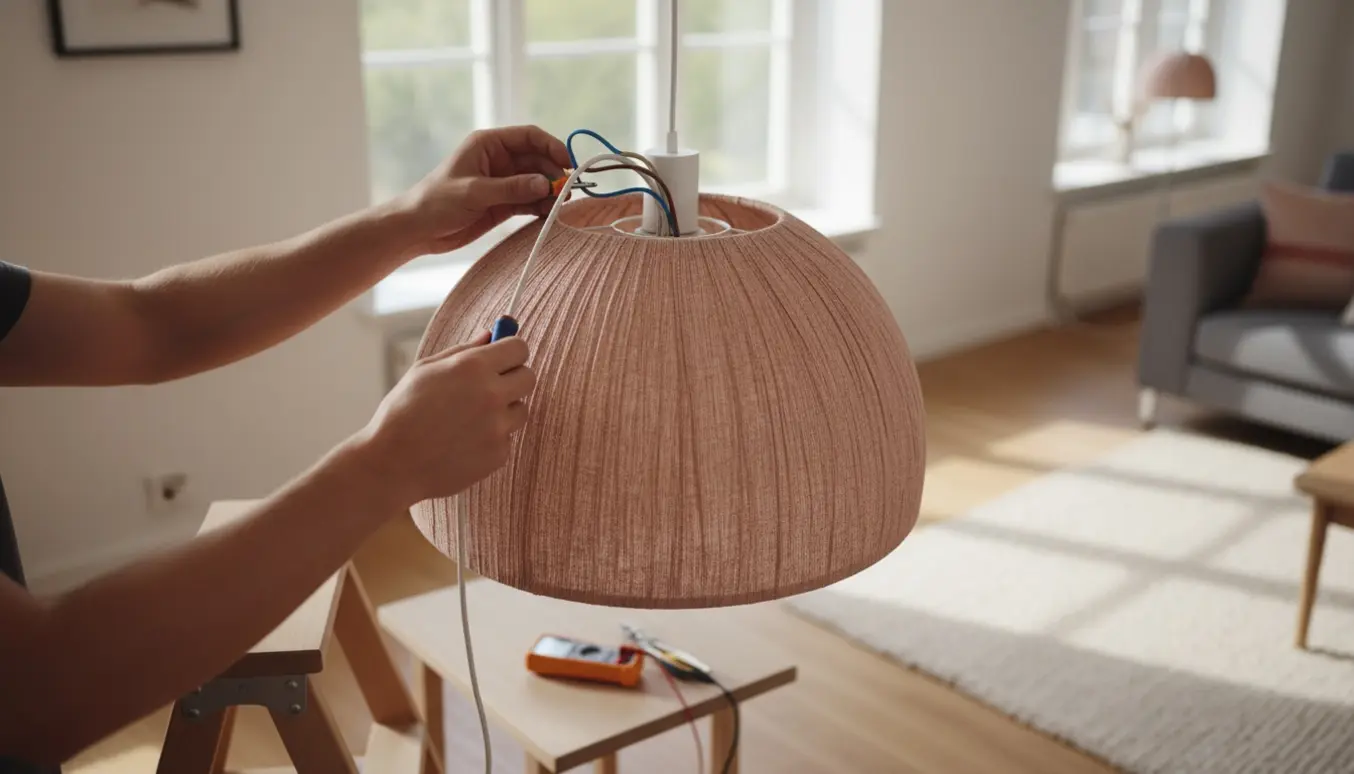 Hænder justerer stoffkablet og tilslutter en Bonbon Shade 380 loftspendel i en lys, minimalistisk stue.