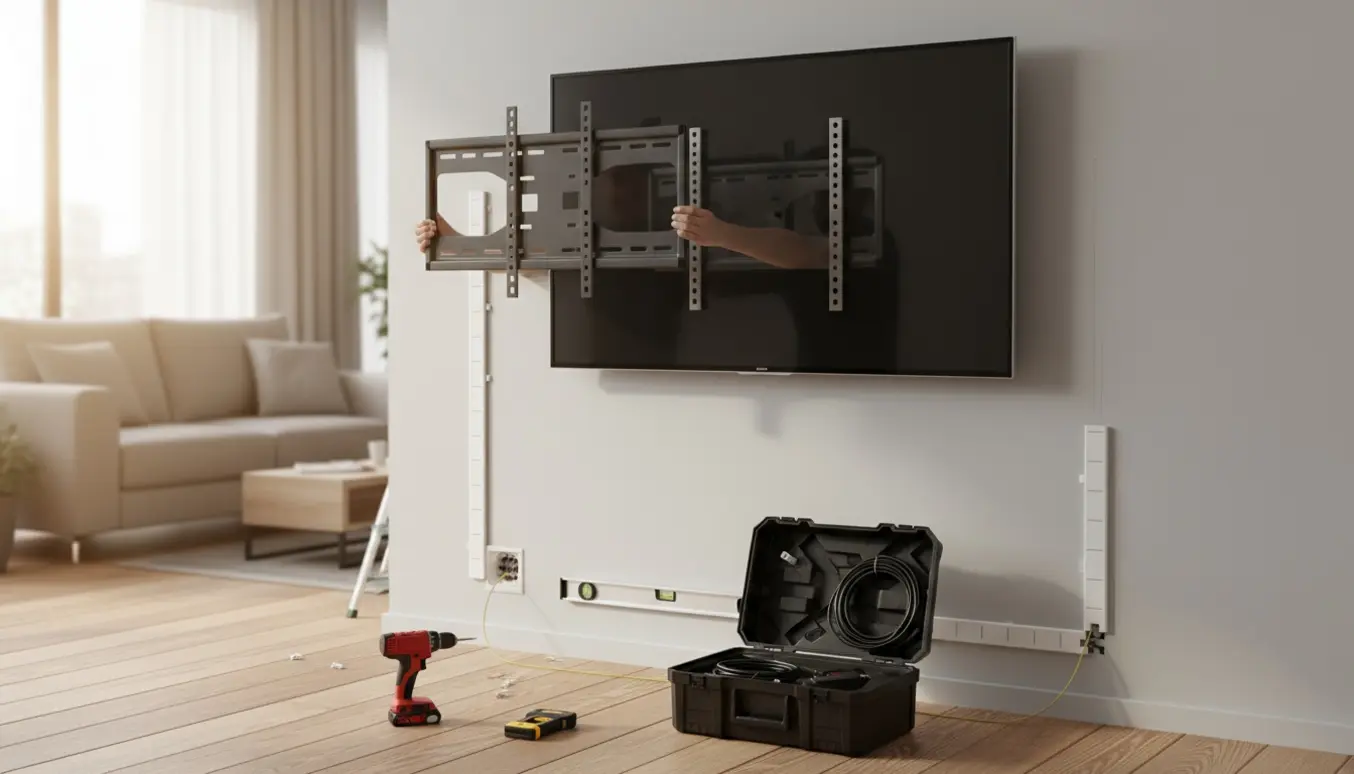 To personer monterer et 55 tommer fladskærms-tv på en væg i en moderne stue, mens kabler skjules i kabelkanal.