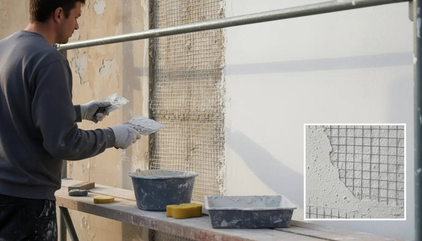 Facade under renovering med netpuds på stillads, hvor en håndværker påfører hvid scalcem.