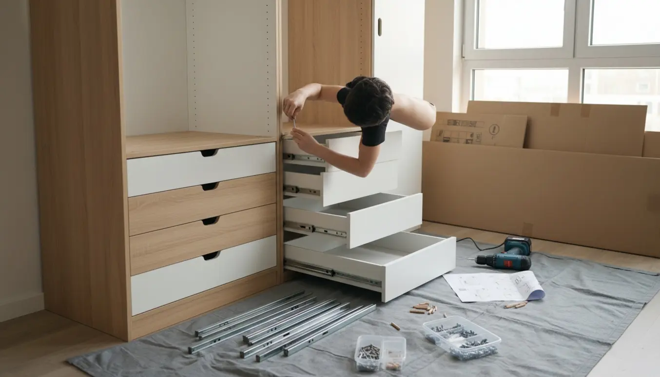 Delvist samlet højt modulskab med mange skuffer, hænder og værktøj i fokus.