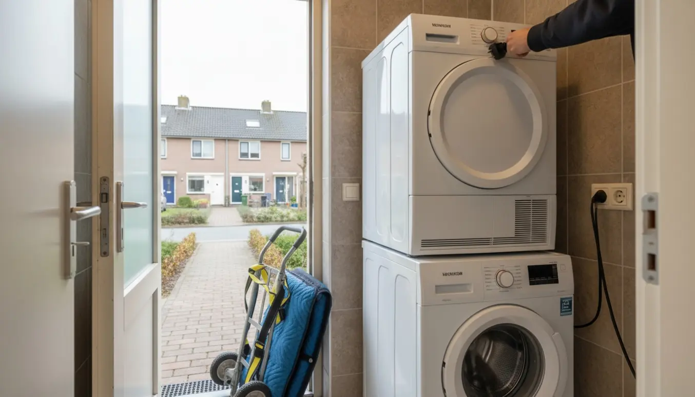 Tørretumbler placeres oven på vaskemaskine i et lille badeværelse, med flyttevogn og rækkehuse synlige i baggrunden.