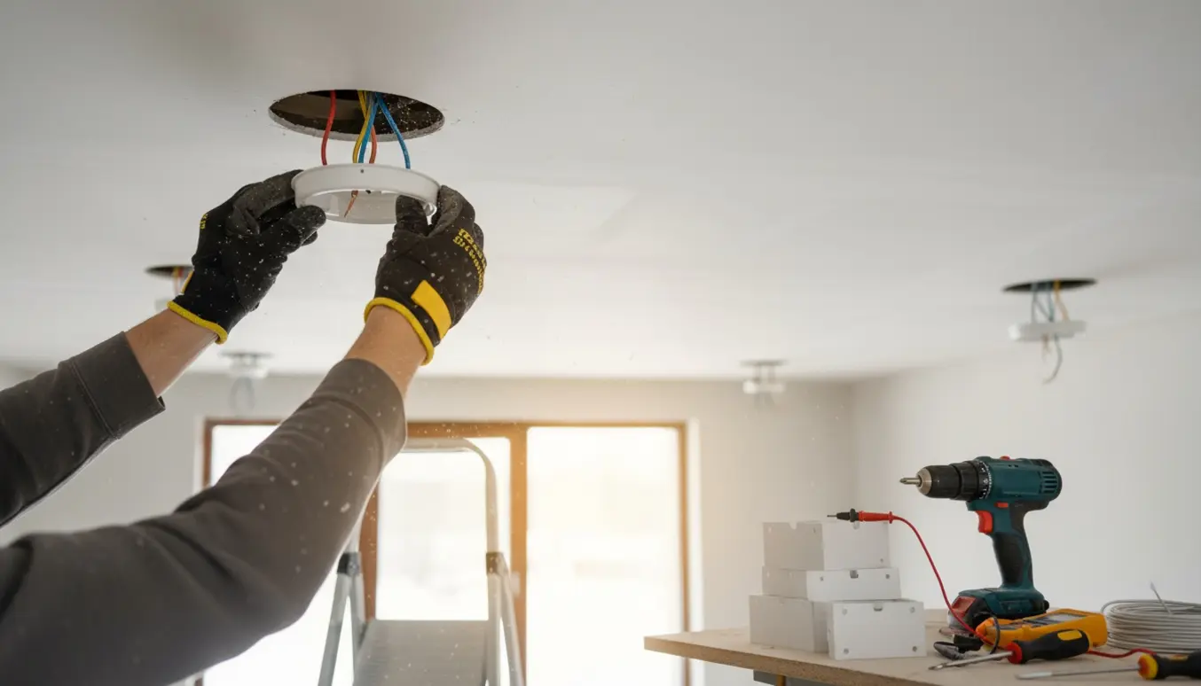 Nærbillede af elektriker, der monterer loftdåser og tester stikkontakter i et lyst hjem.