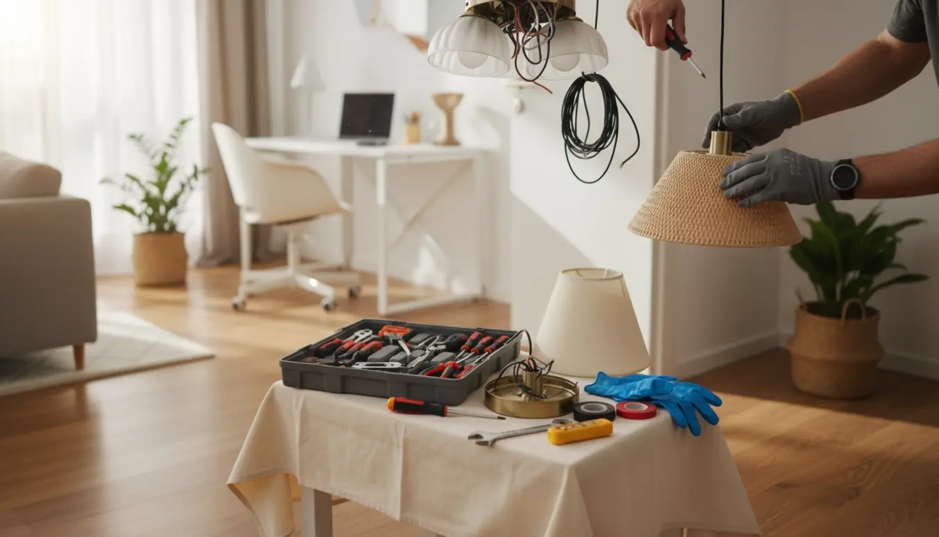 Hænder på en stige hænger en ny loftlampe op i en moderne lejlighed med værktøj klart på gulvet.