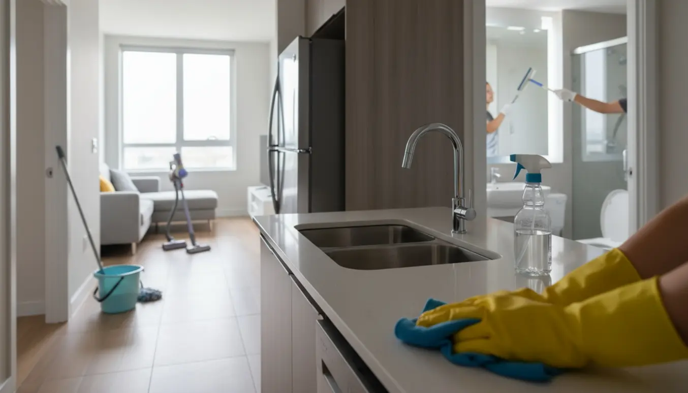 Gule handsker tørrer køkkenbord i en lys lejlighed med støvsuger og moppe i baggrunden.