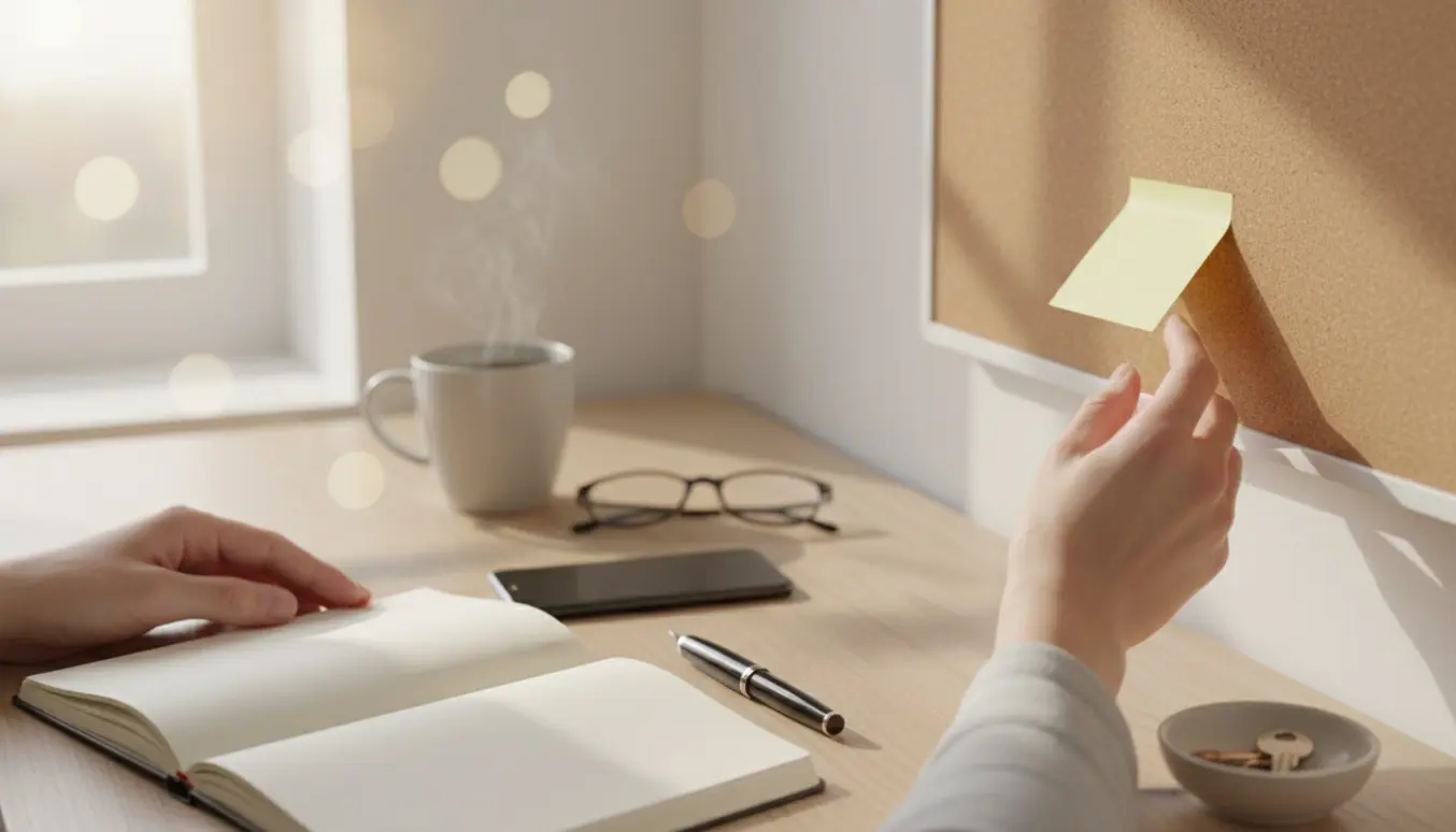 Hænder sætter en blank påmindelsesseddel på en opslagstavle i et lyst hjemmekontor.
