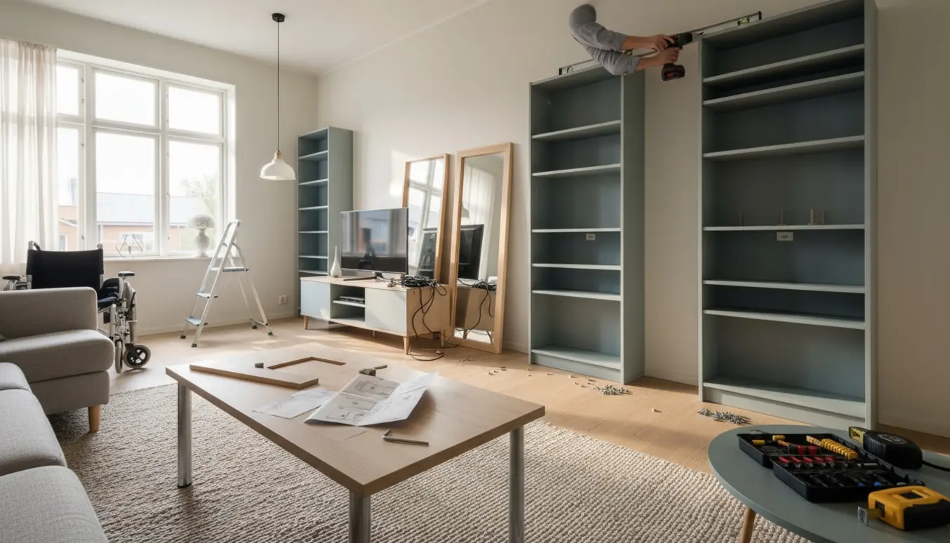 Delvist samlede møbler og værktøj i en lys stue med en sammenfoldet kørestol i baggrunden.