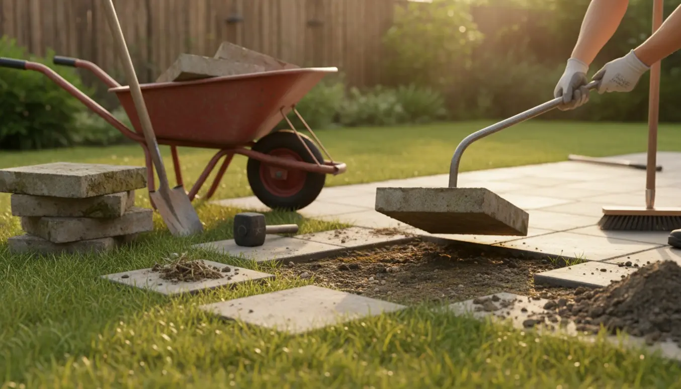 Hænder fjerner havefliser i en lille baggård med trillebør og værktøj i baggrunden.