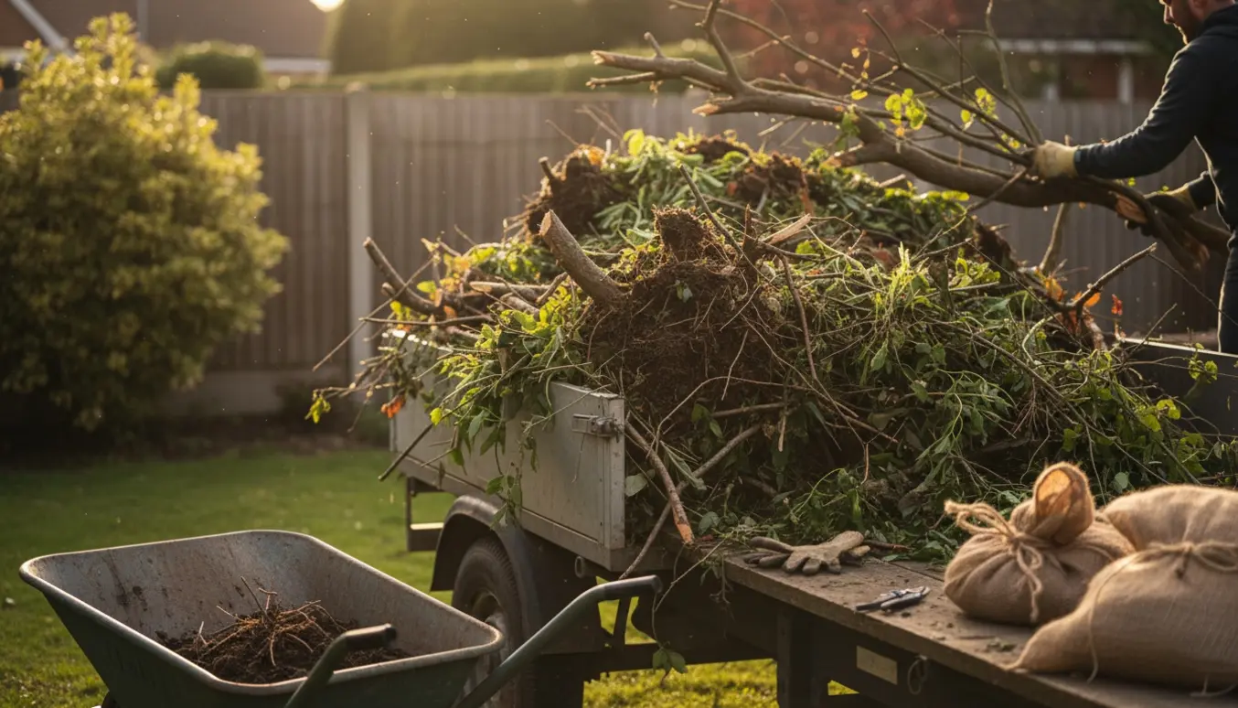 Stor bunke haveaffald med grene, ukrudt, blade og jord ved en trailer, mens handsker og værktøj ligger klar.