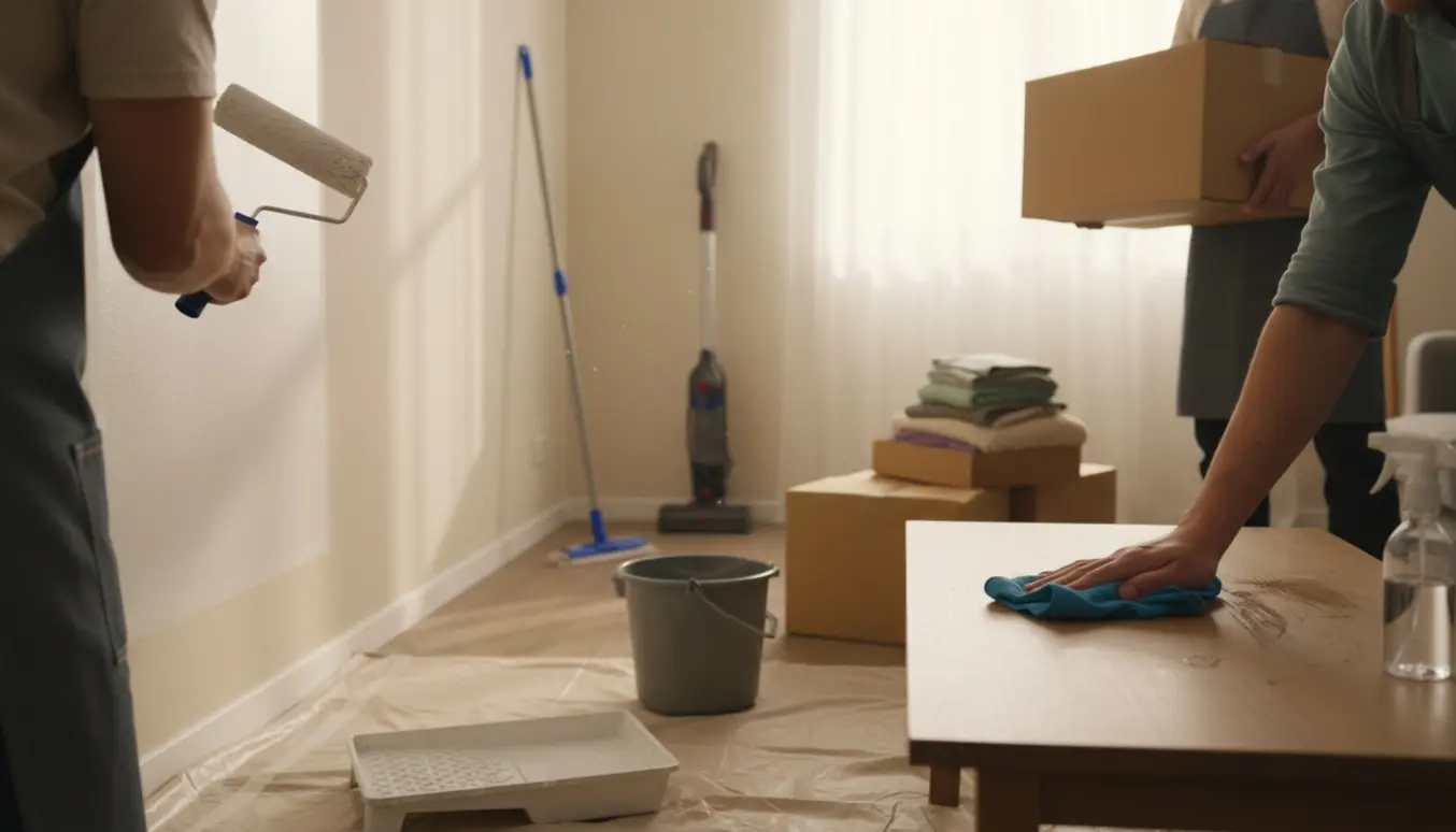 Hænder maler og gør rent i en lys stue med malerrulle, klud, spand og kasser.