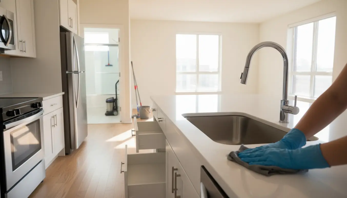 Solbelyst tom lejlighed med åbne skabe, skinnende køkkenvask og rengøringsudstyr klar til fraflytningsrengøring.