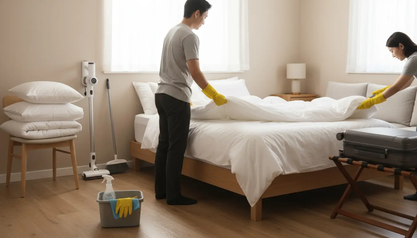 Korttidsudlejning: hænder skifter sengetøj og tjekker møbler i et lyst, ryddeligt soveværelse.