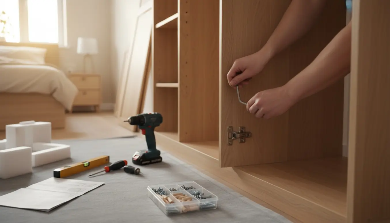 Nærbillede af samling af garderobe med træpaneler, skruer og værktøj i et lyst soveværelse.