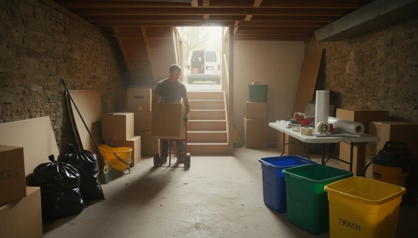 Kælder under oprydning med stabler af kasser, fyldte affaldssække, flyttevogn og hænder, der løfter en kasse.