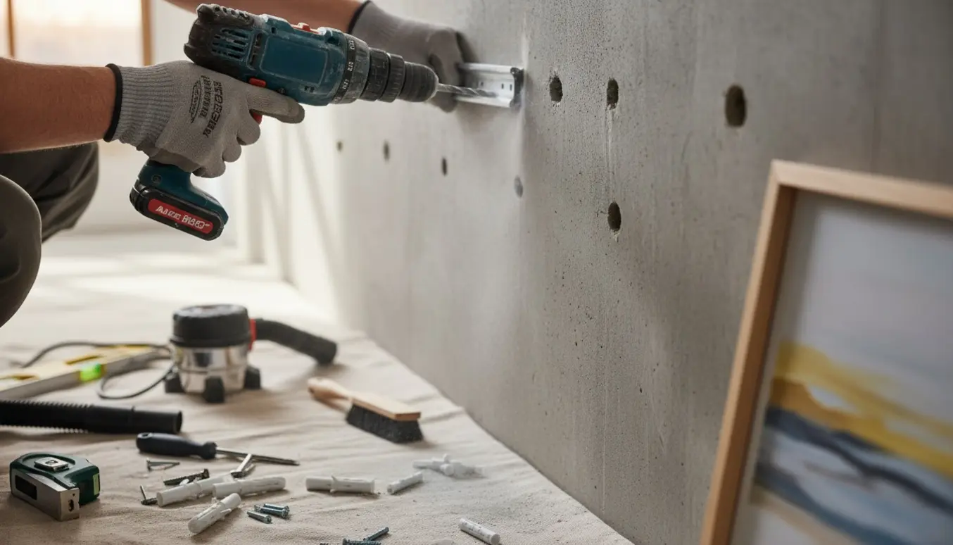 Nærbillede af en boremaskine, der laver huller i en solid betonvæg for at montere en reolskinne og et maleri.