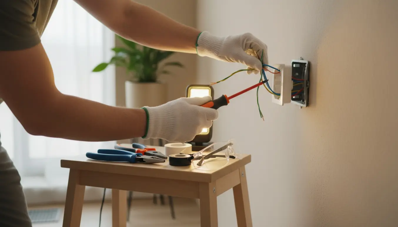 Nærbillede af hænder, der udskifter en vægkontakt med værktøj og isolerede ledninger i et lyst hjem.