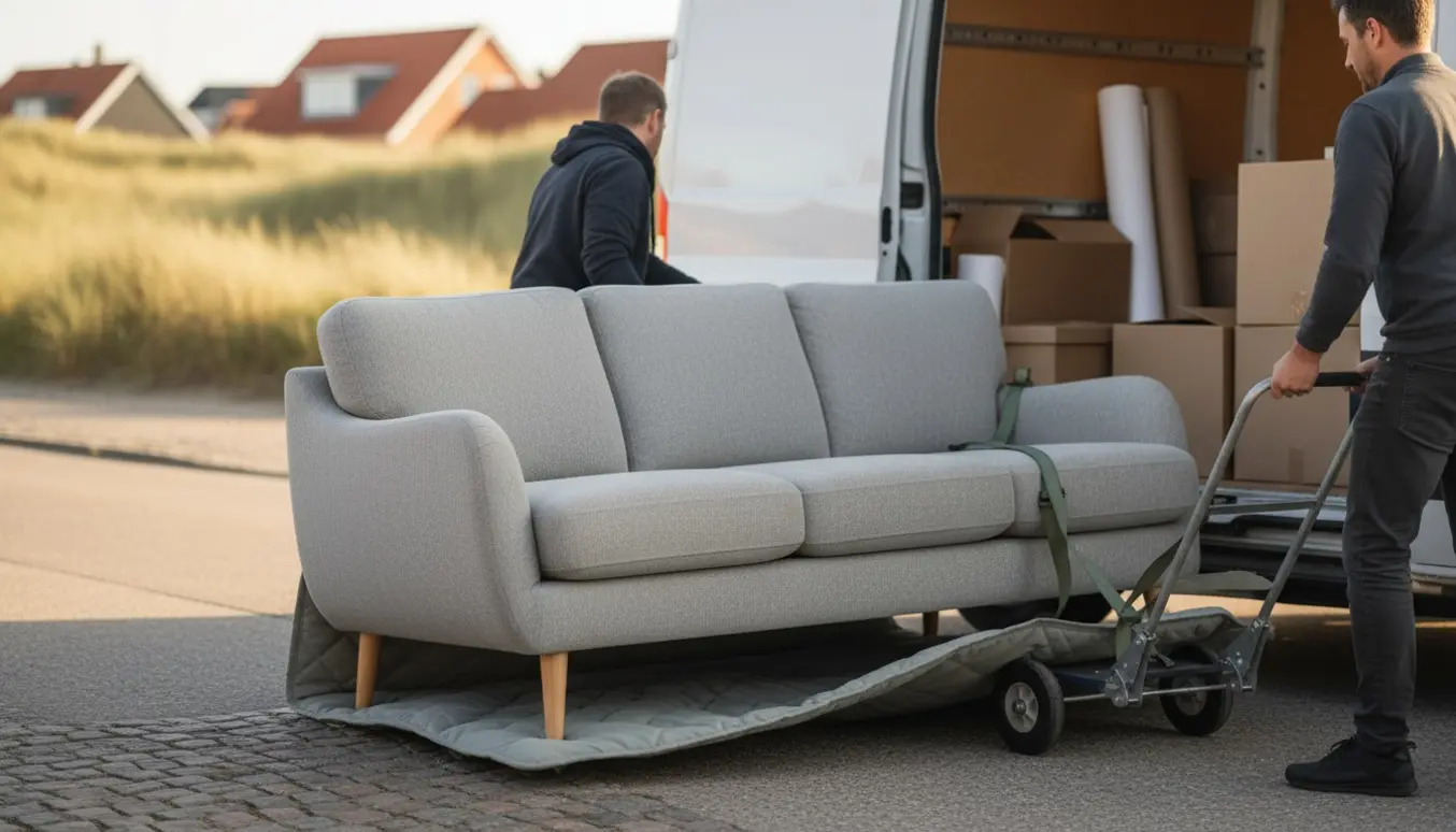 En trepersoners grå polstret sofa bæres ind i en flyttevogn på en rolig dansk vej med flyttetæpper og en tralle.