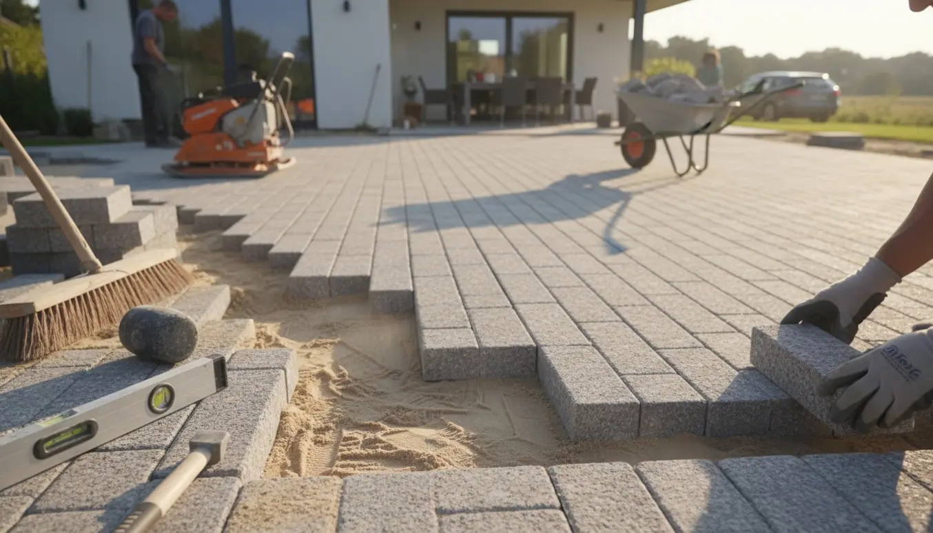 Hænder lægger granit- eller betonbelægningssten på en stor indkørsel og terrasse med værktøj i baggrunden.
