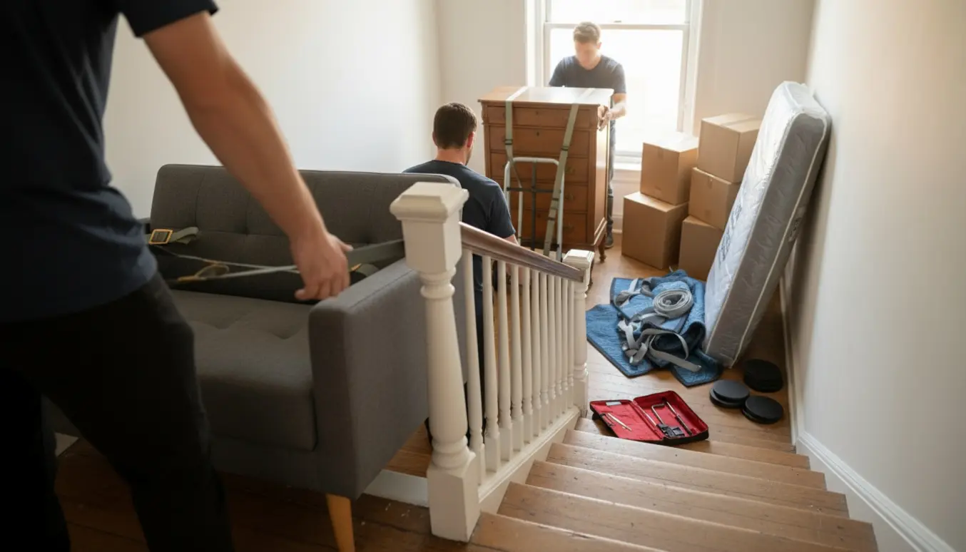 Flyttefolk bærer en sofa og en kommode op ad en smal trappe i en lejlighed, med kasser og flyttetæpper på reposen.