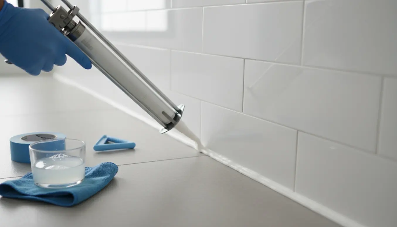 Nærbillede af en hånd, der fuge mellem gulv- og vægfliser i et badeværelse med nye fliser og fugepistol.