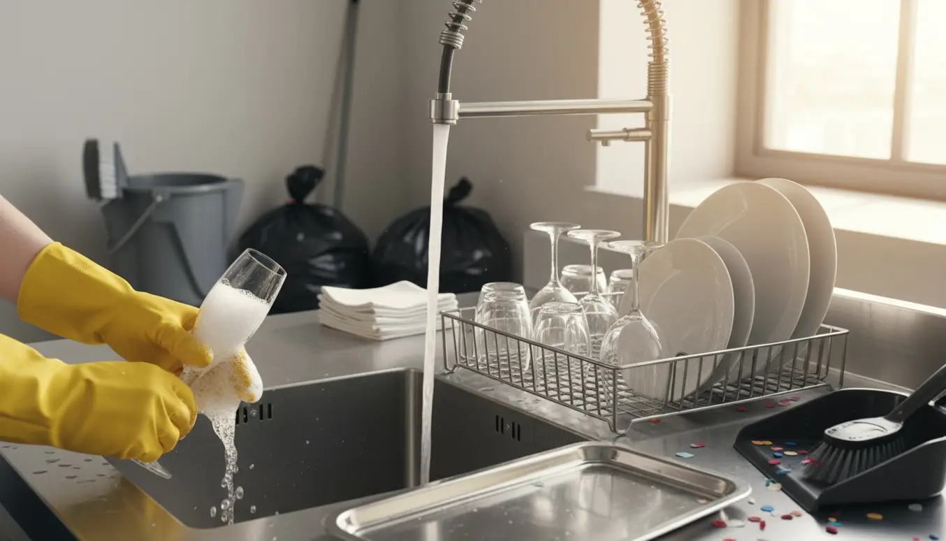 Hænder i gule handsker vasker et glas ved en stålvask i et eventlokale efter et arrangement.