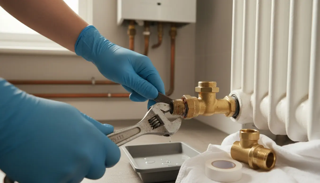 Nærbillede af hænder, der udskifter en korroderet radiatorventil med værktøj og nyt messingventil ved et gasfyr i baggrunden.
