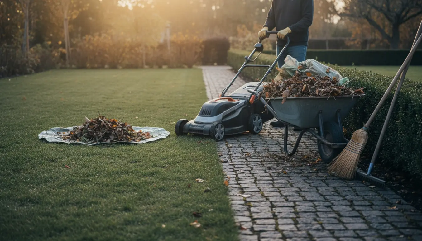 Sen efterårsscene med nyslået græs, ryddet havegang og haveredskaber i brug, uden tydelige ansigter.
