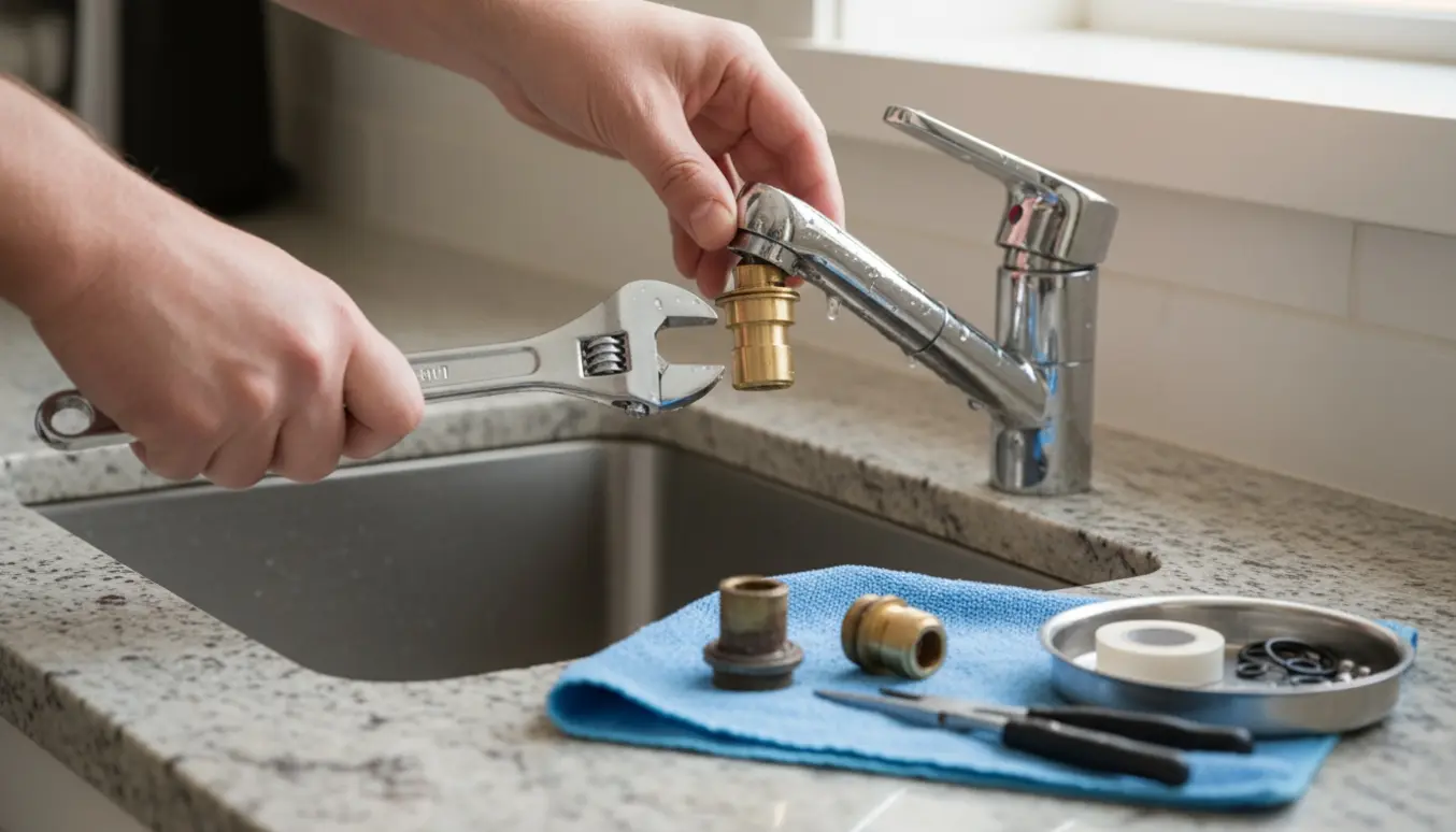 Hænder udskifter en spindel i et krom køkkenarmatur ved vasken med værktøj og reservedele klar.