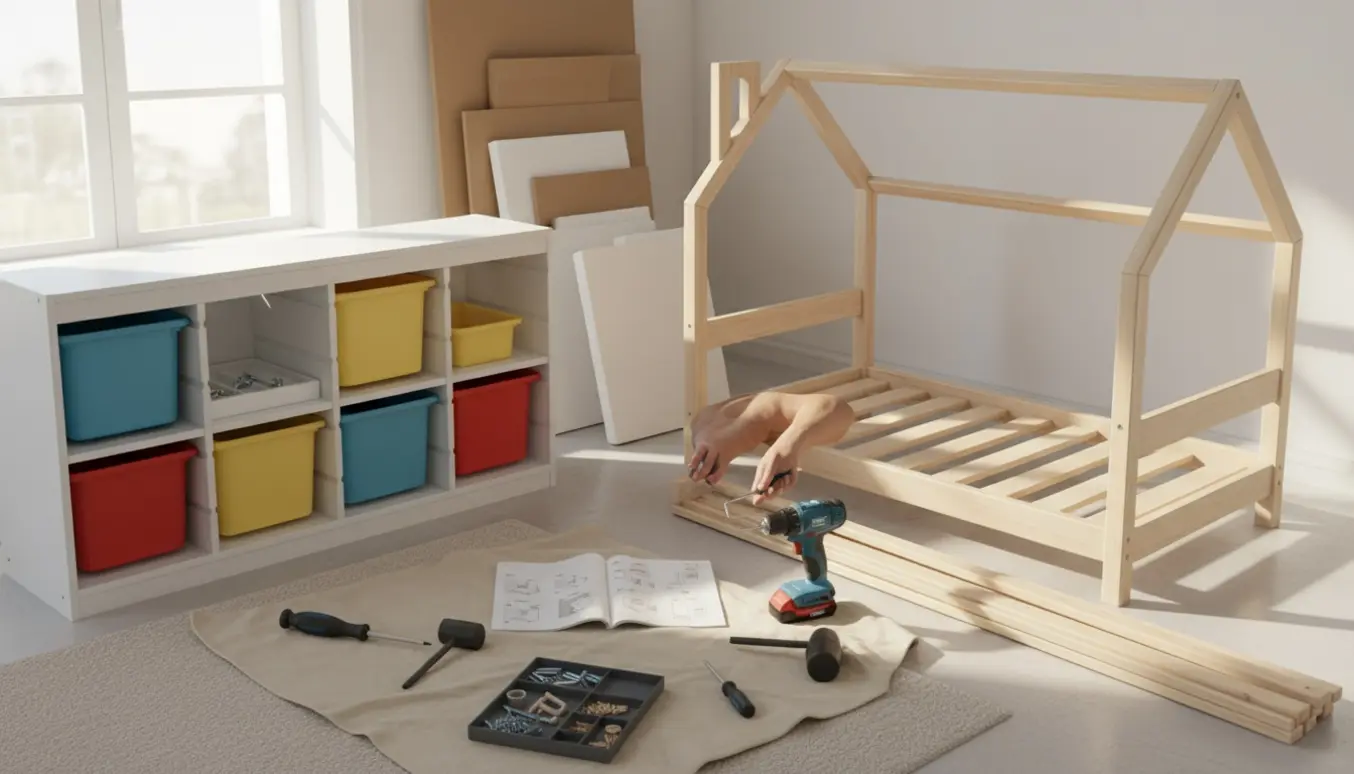 To fladpakkede møbler under samling: et opbevaringsskab med plastkasser og en delvist samlet husseng i et lyst rum.