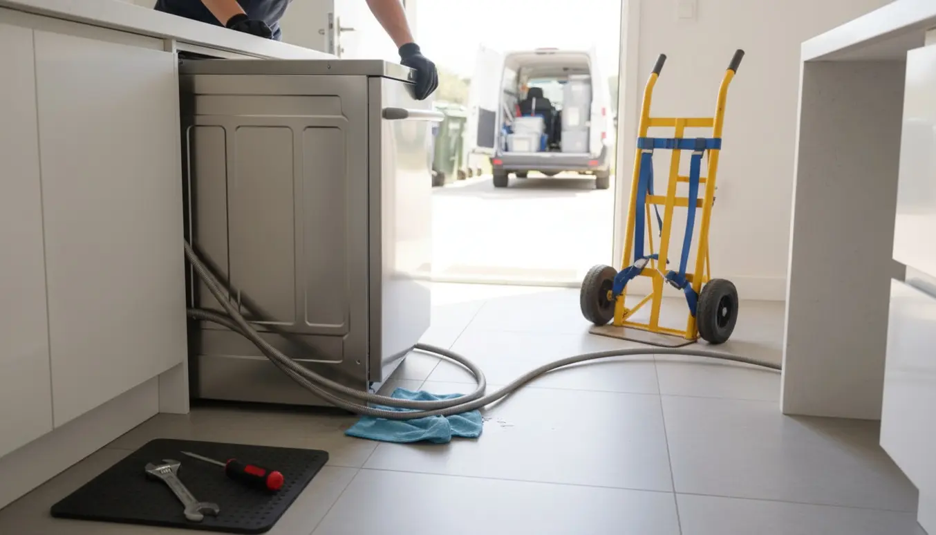 Opvaskemaskine trækkes ud og afkobles i køkkenet, klar til afhentning og genbrug.