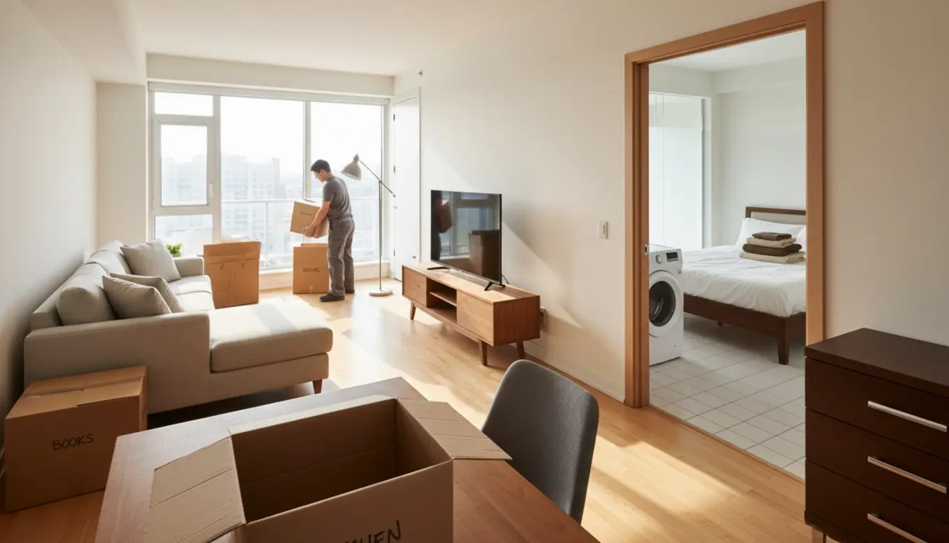 Soloplyst lejlighed midt i en flytning med spisebord, sofa, tv-møbel, trekvartseng, kommode og vaskemaskine synlige.