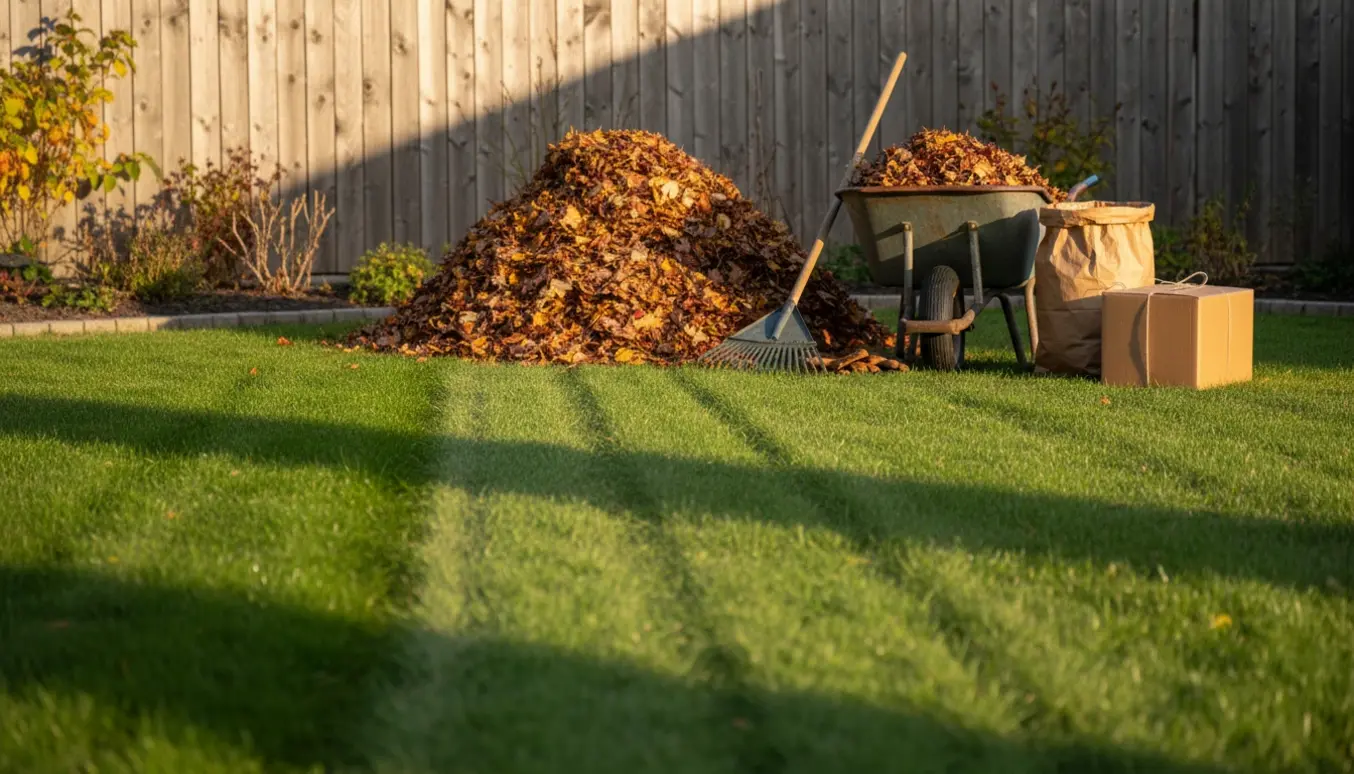 Lille græsplæne med nyklippet stribe, bunke blade, trillebør med haveaffald og sammenbundet pap klar til genbrug.