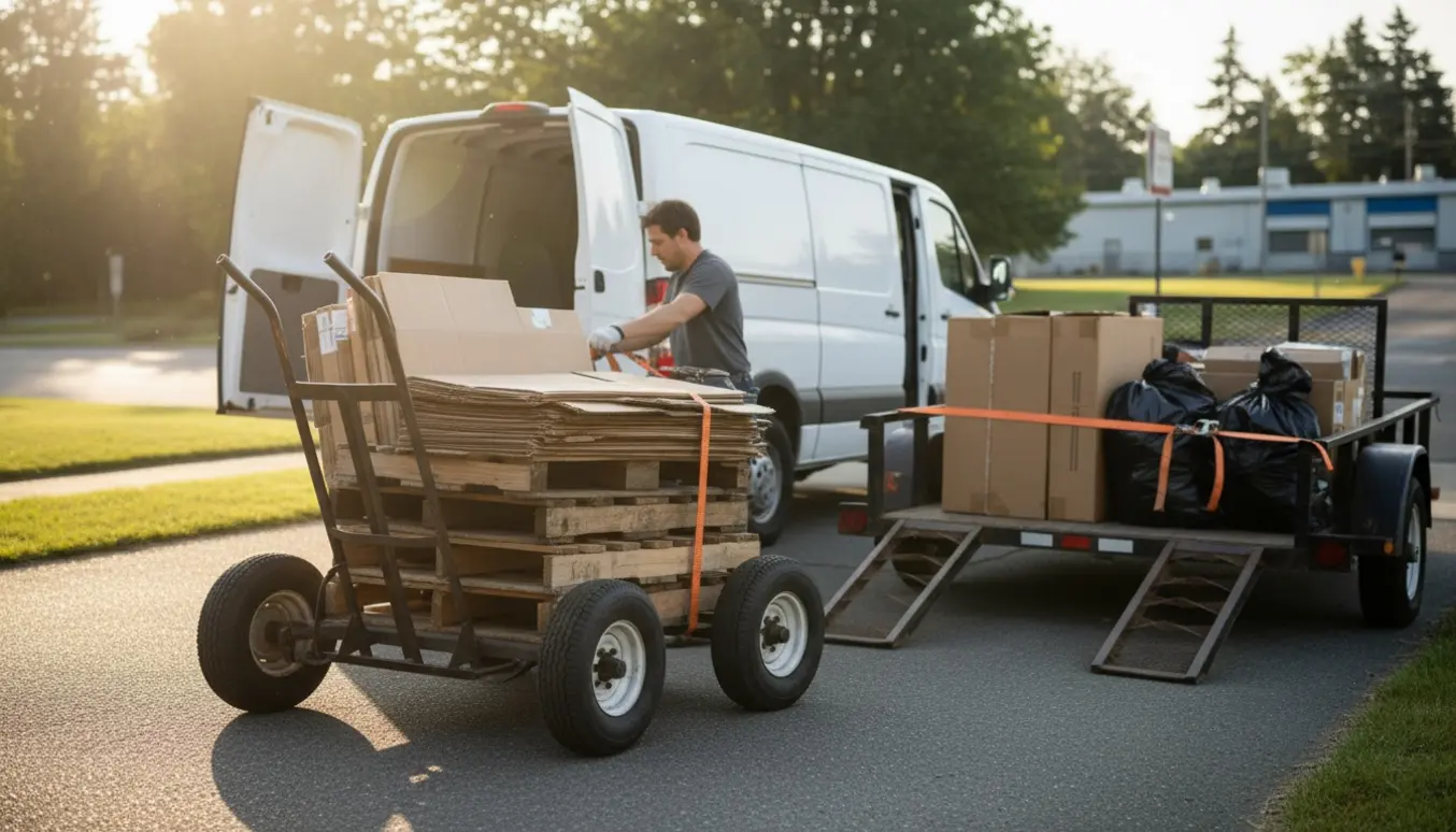 Åben varevogn og trailer med paller, sammenpresset pap og poser, hvor handske‑klædte hænder sikrer lasten til kørsel på lossepladsen.