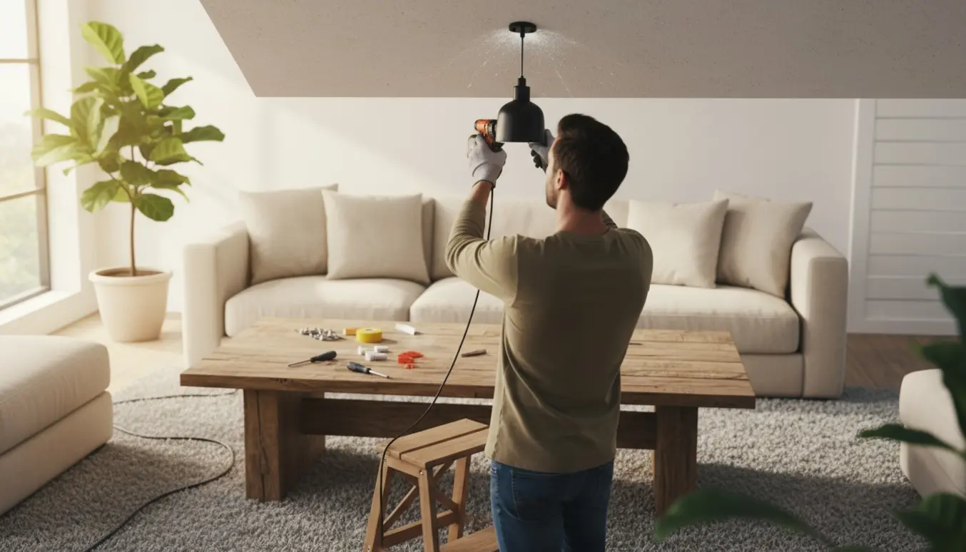 En person monterer en pendel over sofabordet med boremaskine og værktøj i en lys stue.
