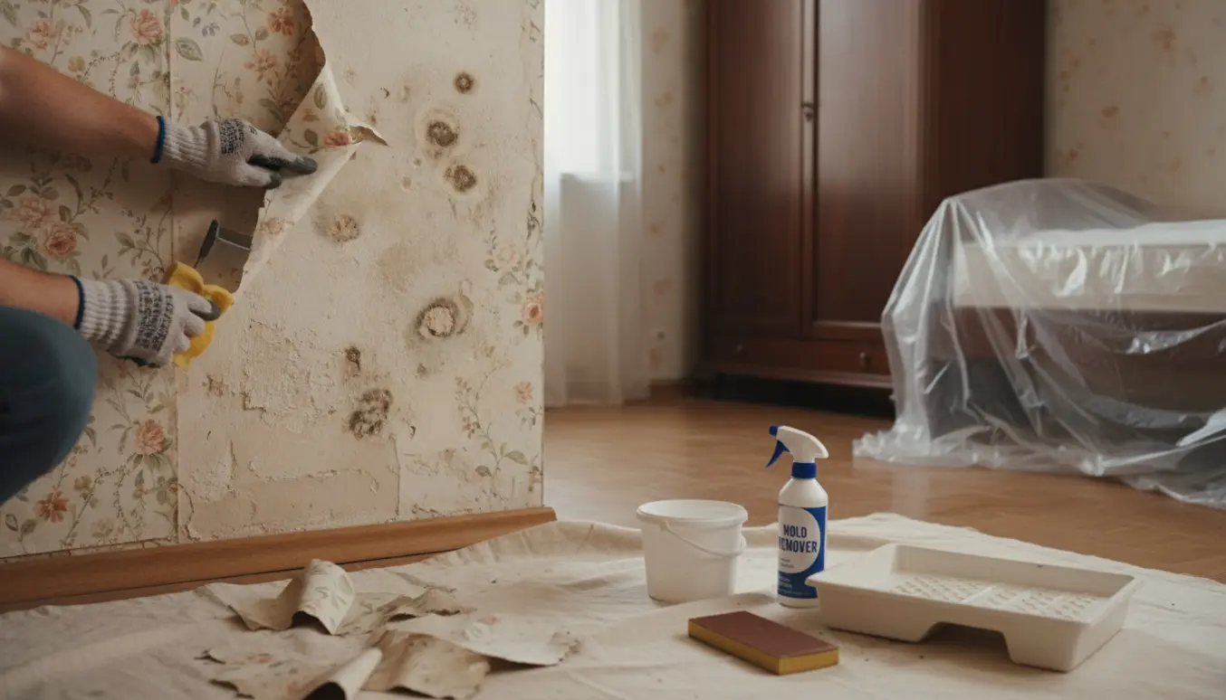 Lille værelse under renovering med afrevet tapet, synlige skimmelflekker og seng og skab skubbet til siden dækket af plastik.