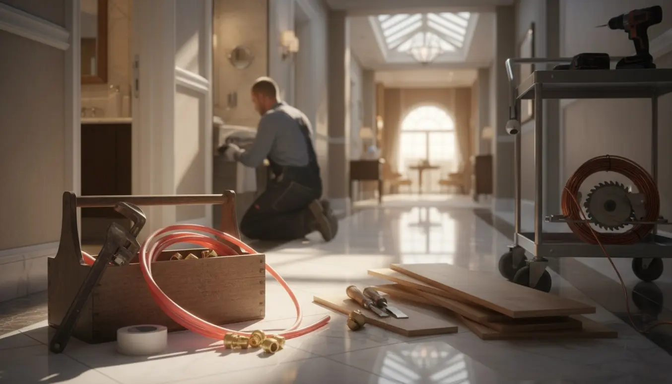 VVS'er arbejder i et hotelkorridor med værktøj og materialer fra flere håndværksfag.