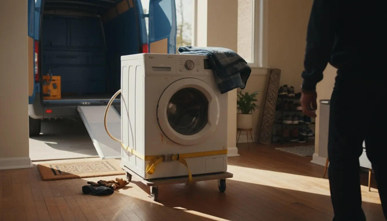 En brugt vaskemaskine bæres ud af en stuelejlighed på en tralle med flyttetæpper og en åben varevogn udenfor.