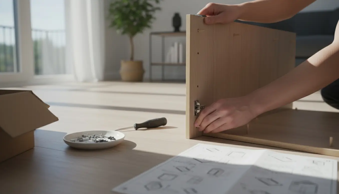 Nærbillede af hænder, der samler to fladpakkede skabe med paneler, skruer og værktøj i et lyst rum.
