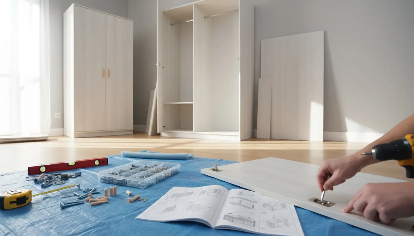 Delvist samlede 2-dørs og 3-dørs klædeskabe i et lyst værelse med værktøj og hænder ved monteringen.