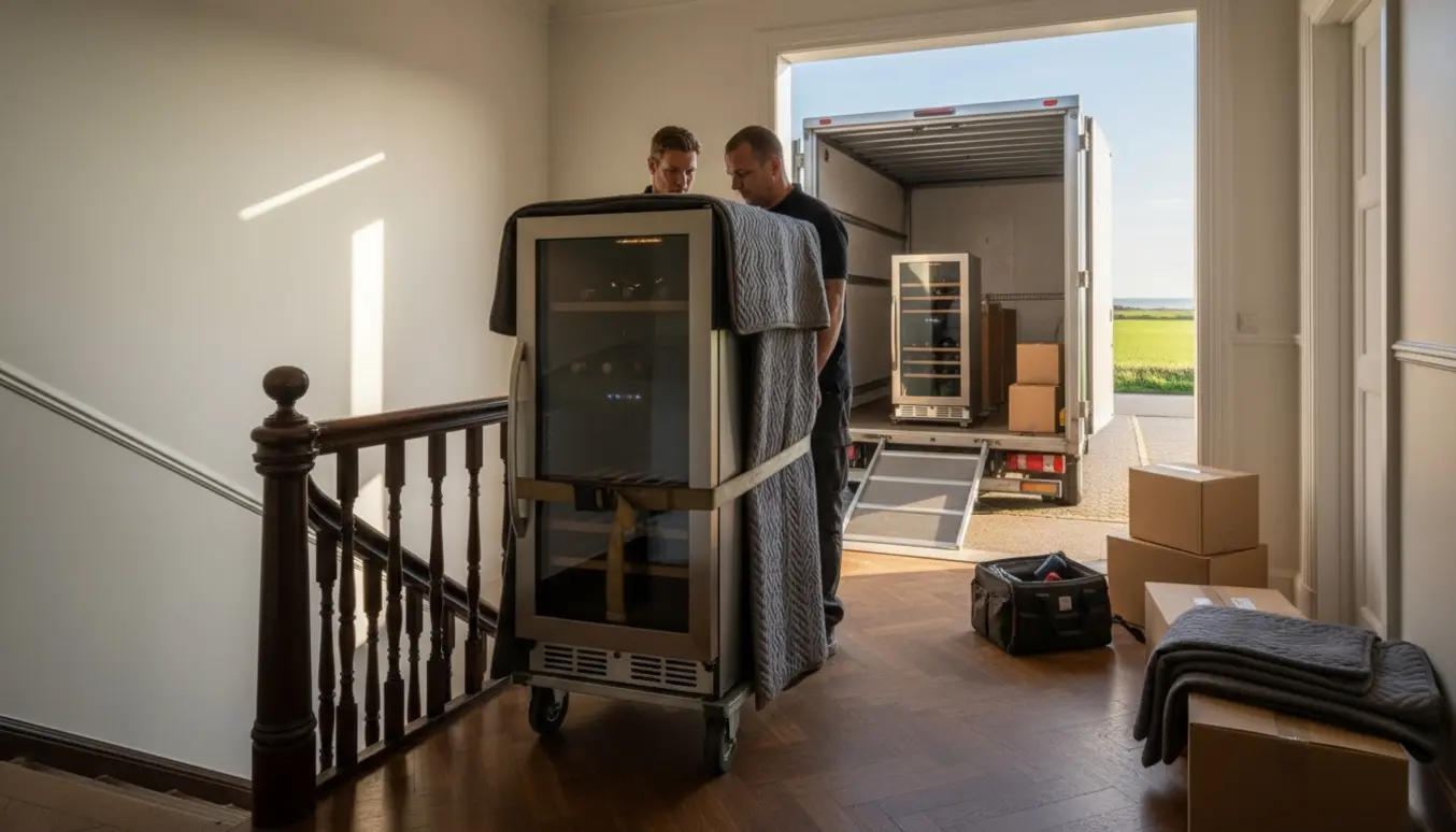 Vinkøleskab læsses ind i en flyttebil fra en Frederiksberg-lejlighed, pakket i flyttetæpper og fastspændt.