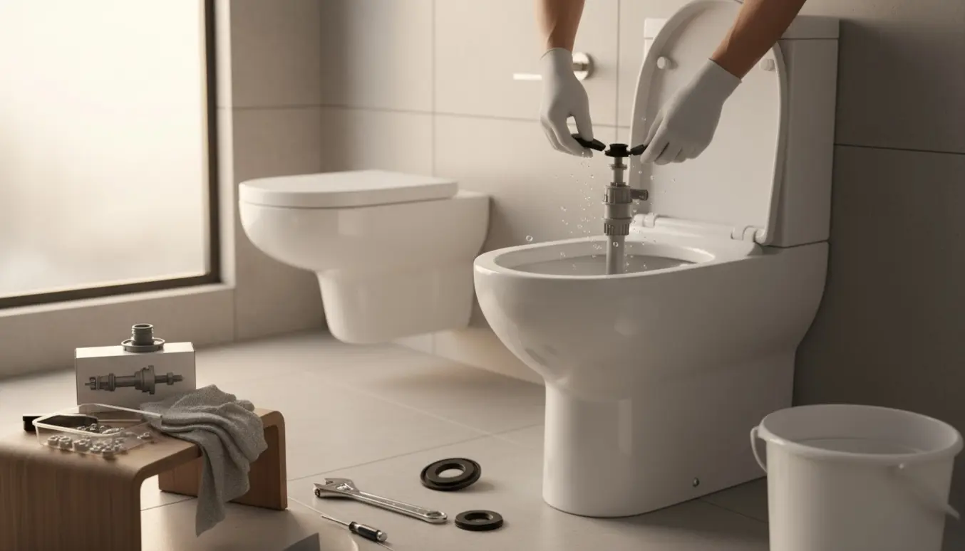 Nærbillede af hænder, der reparerer en løbende toiletcistern med værktøj og reservedele i et lyst badeværelse.